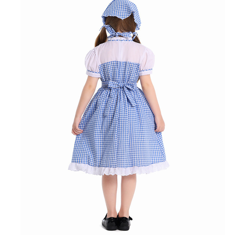 Halloween Costume for Girls Children Cosplay Dress Stage Drama Performance Costume Blue Checkered Skirt with Headscarf