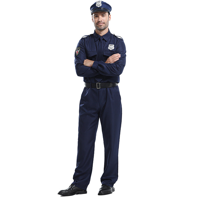 Halloween Party Costume Men's Police Hero Role Play Security Officer Uniform Set Detective Long Sleeve Shirt