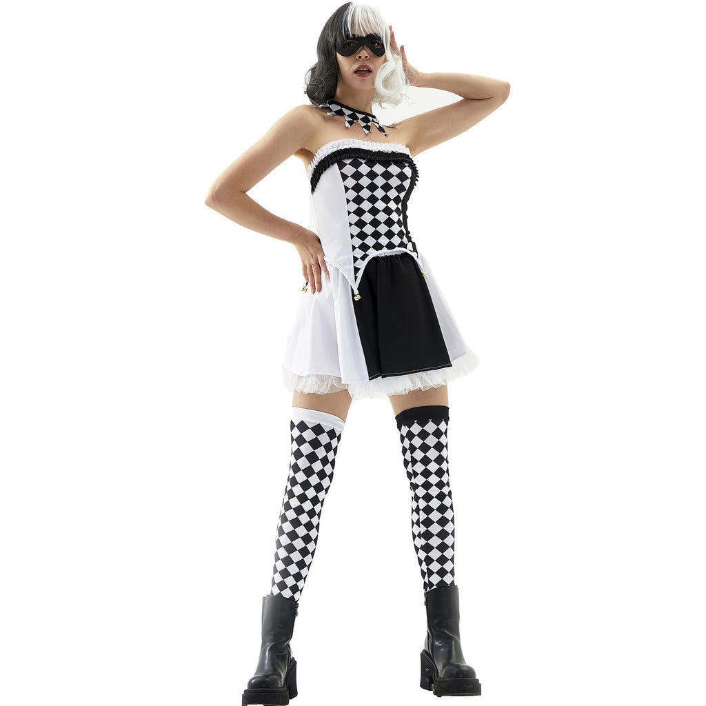 Adult Halloween Checkered Clown Drag Queen Costume – Black and White Cross-Dress Outfit