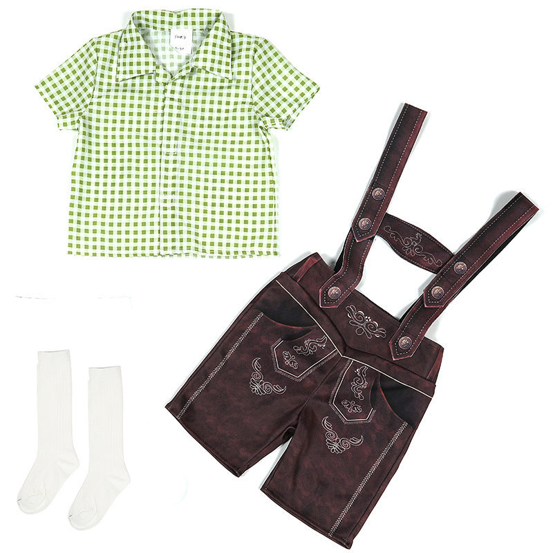 Halloween Costume for Boys, Three-Color Beer Outfit, Overalls with Plaid Shirt Set,Matching Socks