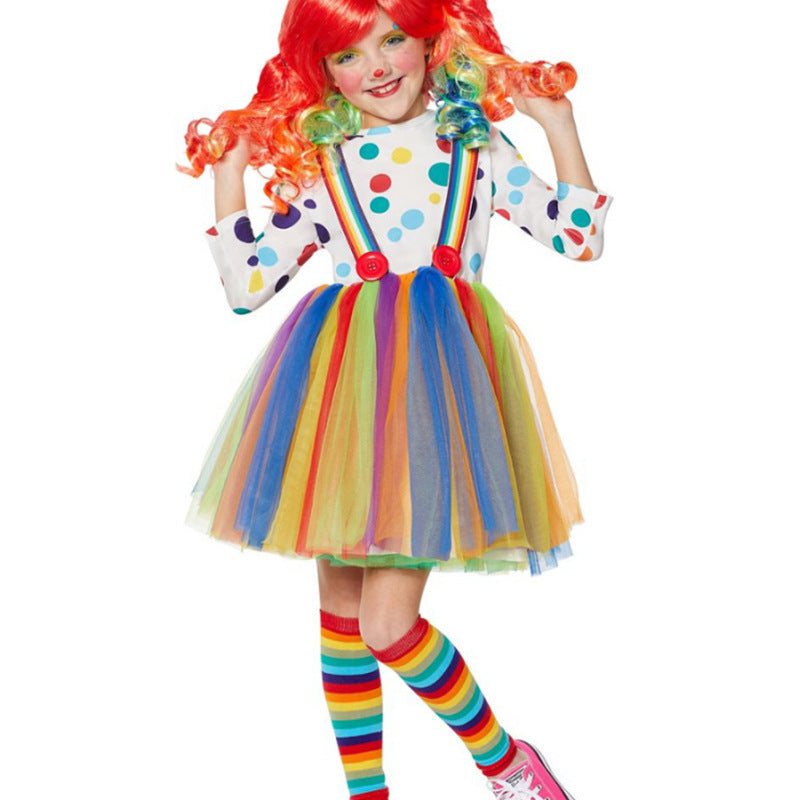 Halloween Children's Circus Creepy Clown Costume Girls Polka Dot Rainbow Dress Set