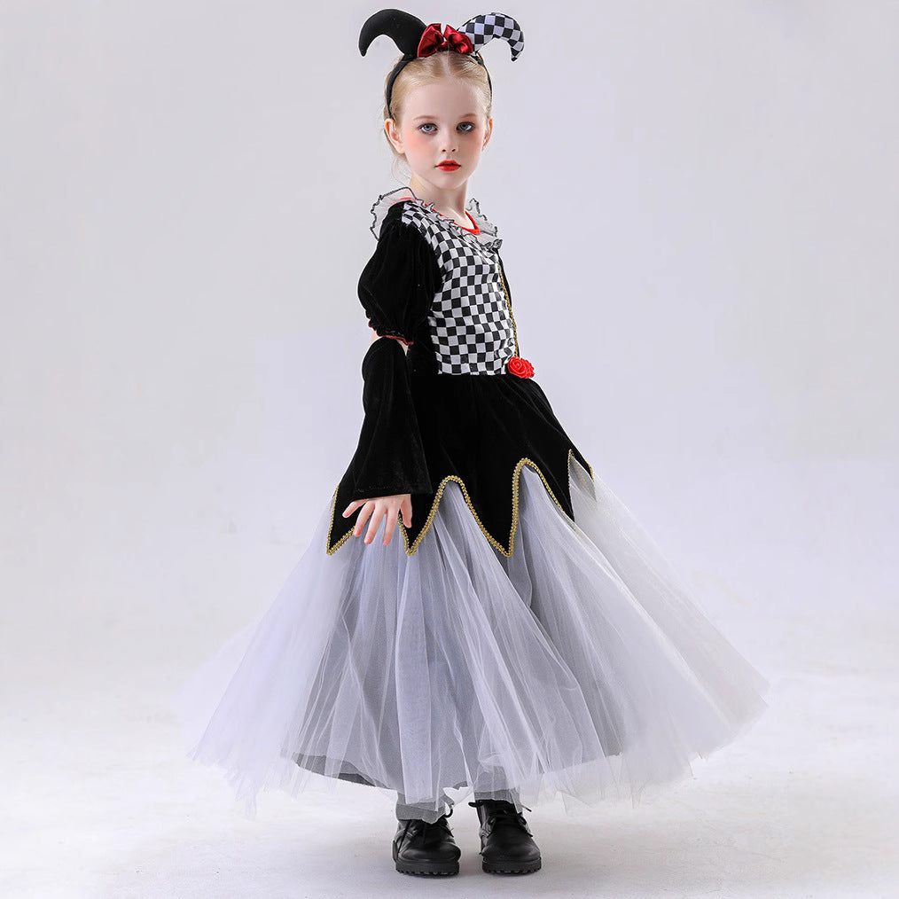 Children's Halloween Costume, Girl's Clown Plaid Dress for Carnival Party and Performance