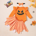 Halloween Baby Girl Outfit Set Colorful Pumpkin Print Long Sleeve Romper Skirt 3-Piece Set
