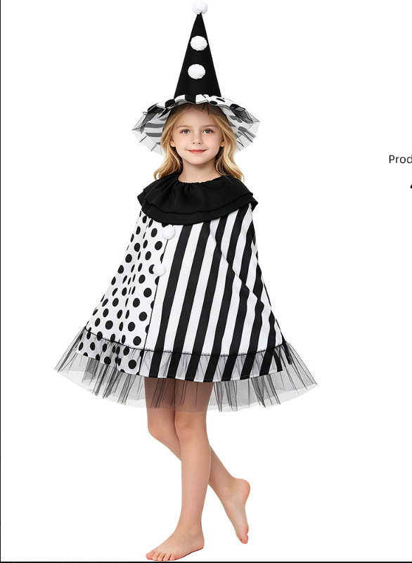Adult Halloween Harley Quinn Witch Cape Cosplay Robe – Black and White Stage Performance Cloak