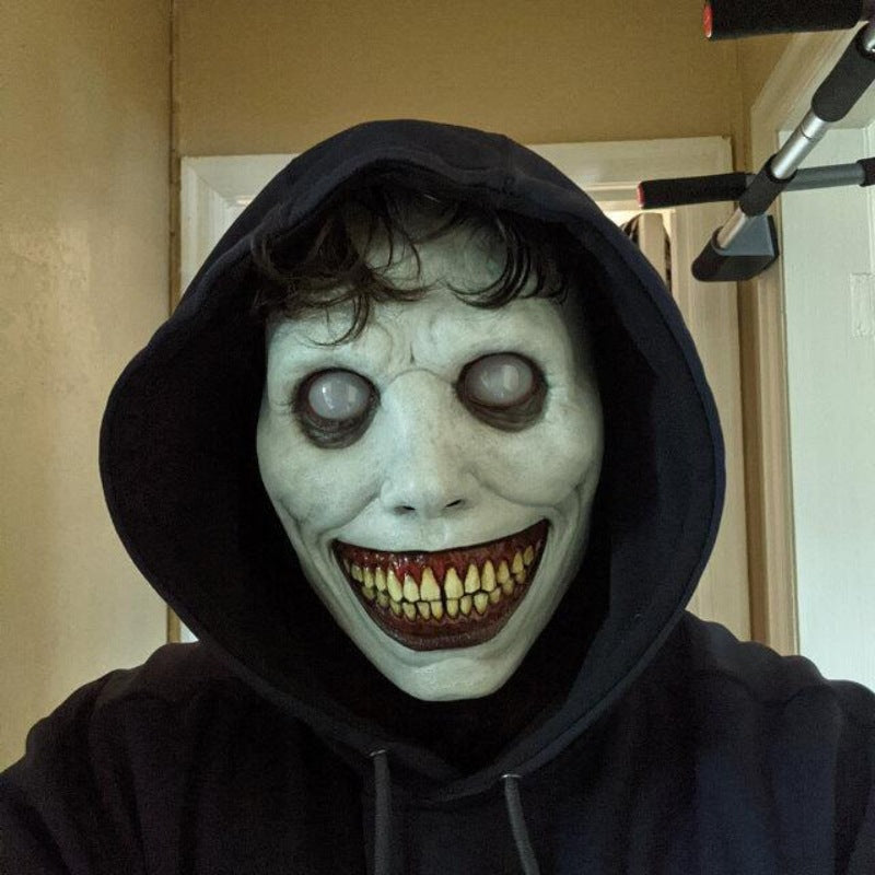 Halloween Horror Exorcist Smile Devil Latex Mask – White-Eyed Demon Headgear Cosplay Prop