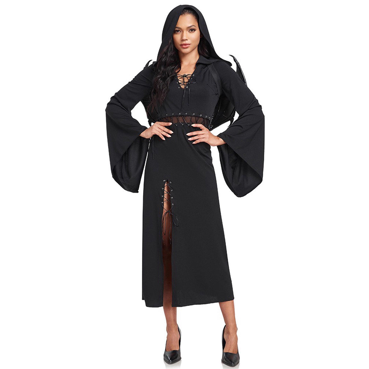 Halloween Gothic Dark Devil Wings Witch Costume Cosplay Wizard Performance Outfit