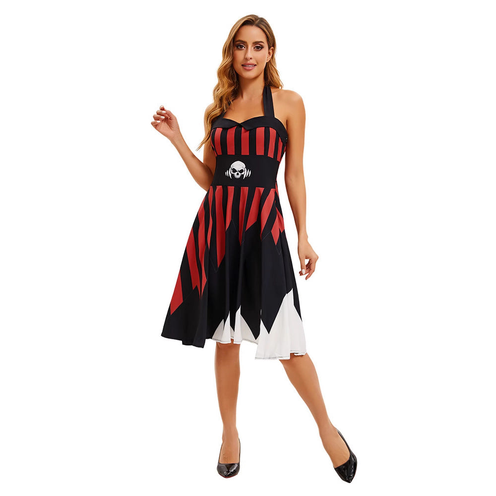 Cute Skull Pirate Halloween Printed Strap Dress for Women Stage Performance