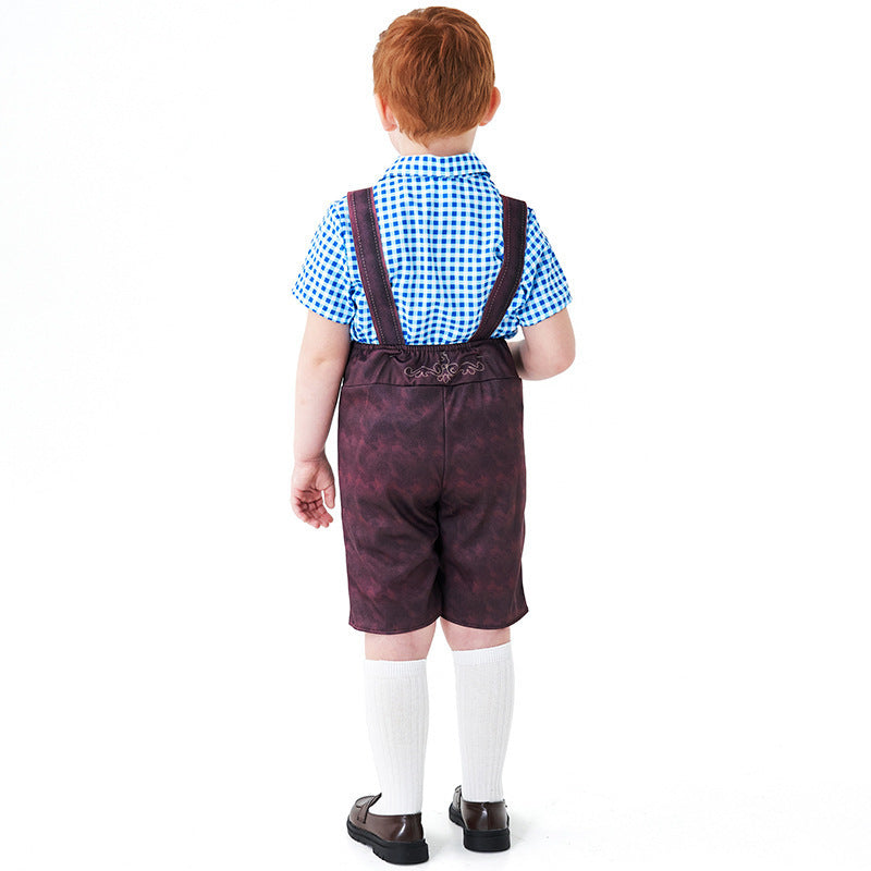 Halloween Costume for Boys, Three-Color Beer Outfit, Overalls with Plaid Shirt Set,Matching Socks