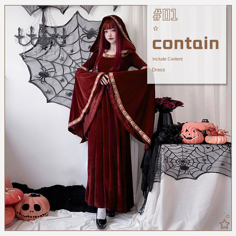 Adult Halloween Vampire Costume – Medieval Court Dress with Little Red Riding Hood Witch Style