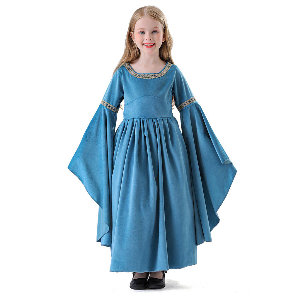 Halloween Children's Elf Princess Costume Dress with Cape Set Medieval Court Gown