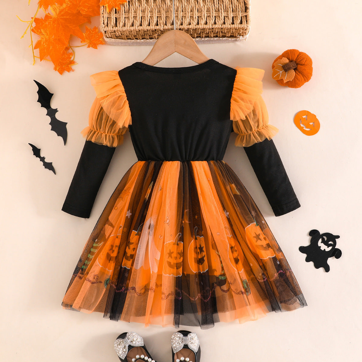 New Halloween Girls' Long Sleeve Dress with Bat, Pumpkin, Ghost Print Tulle Skirt