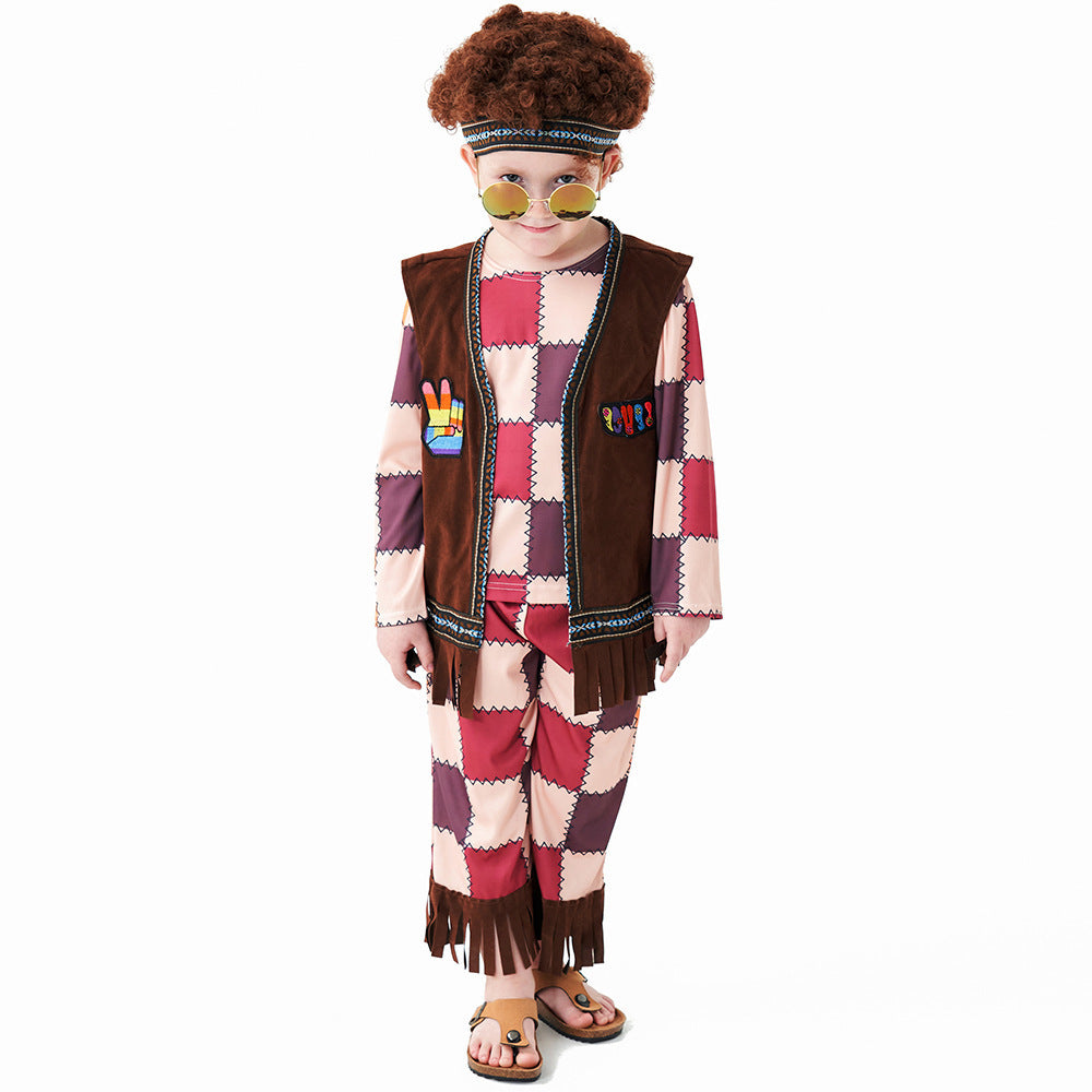 Halloween Kids Costume Vintage Plaid 70s Hippie Hip Hop Model Catwalk Performance Outfit