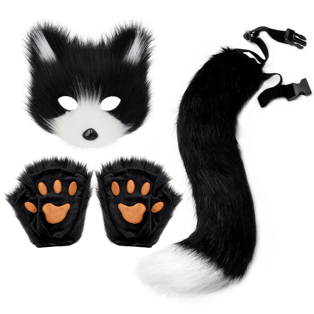 Halloween Fox Cosplay Accessory Set – Simulation Mask Gloves and Plush Fox Tail Props