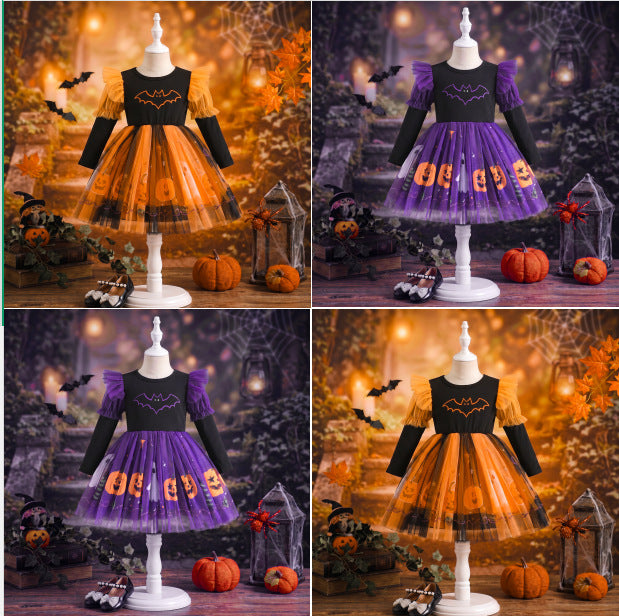 New Halloween Girls' Long Sleeve Dress with Bat, Pumpkin, Ghost Print Tulle Skirt