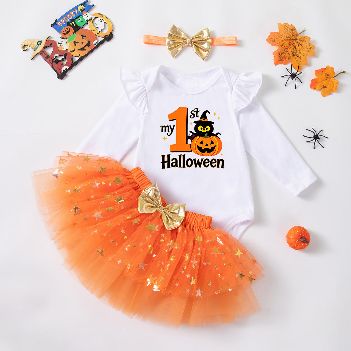 Cute Baby Girls' Halloween Costume Set Long Sleeve Romper Star Tulle Skirt 3-Piece Outfit