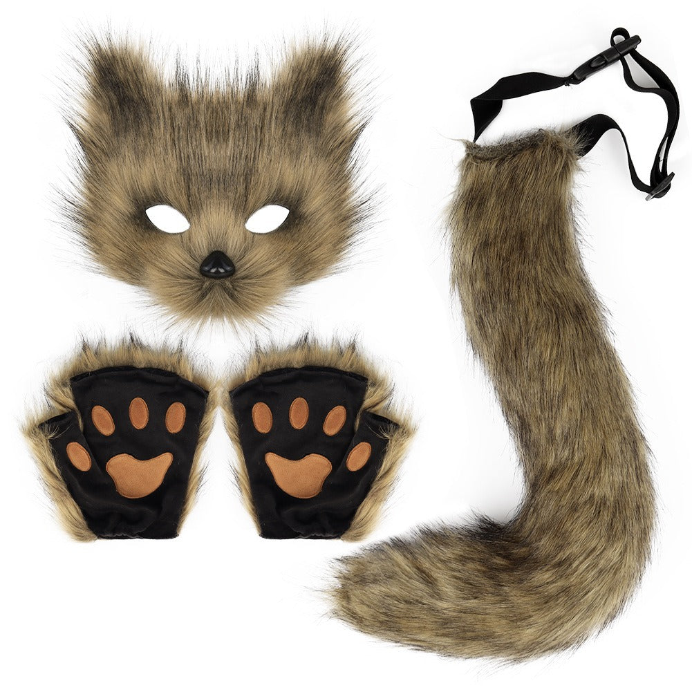 Halloween Fox Cosplay Accessory Set – Simulation Mask Gloves and Plush Fox Tail Props