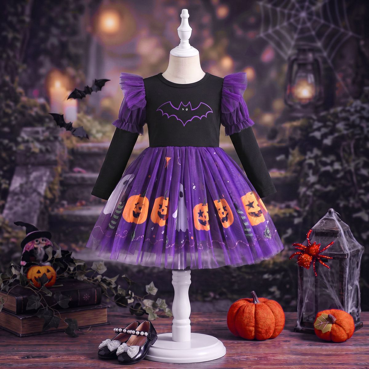 New Halloween Girls' Long Sleeve Dress with Bat, Pumpkin, Ghost Print Tulle Skirt