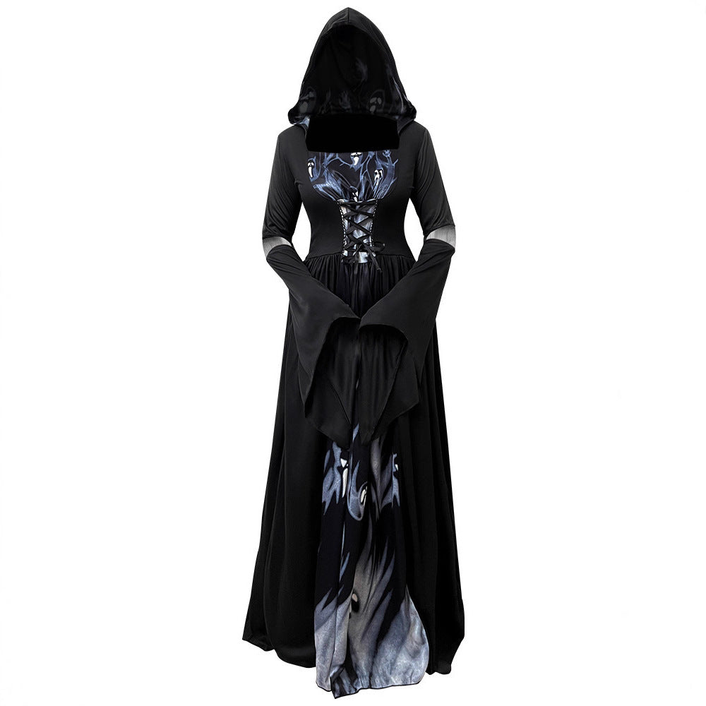 Hooded Skull Witch Costume Dress for Women, Halloween Cosplay Stage Performance Outfit