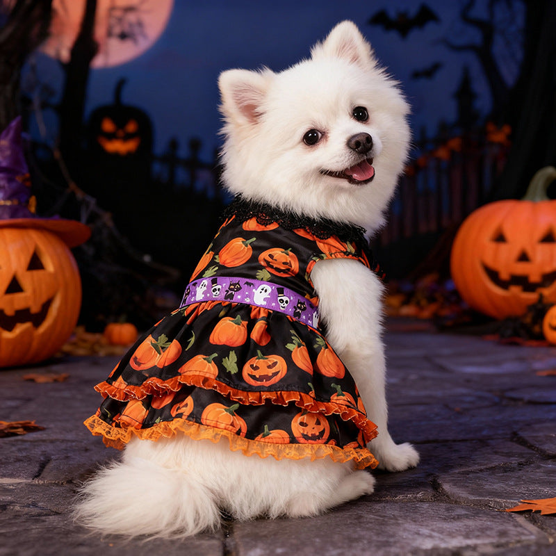 New Halloween Pet Dog Clothes for Medium and Small Dogs, Pumpkin Lace Dress
