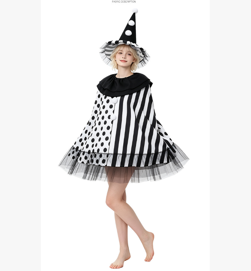 Adult Halloween Harley Quinn Witch Cape Cosplay Robe – Black and White Stage Performance Cloak