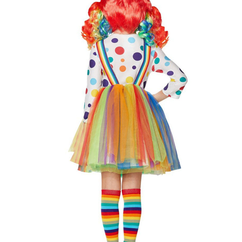 Halloween Children's Circus Creepy Clown Costume Girls Polka Dot Rainbow Dress Set