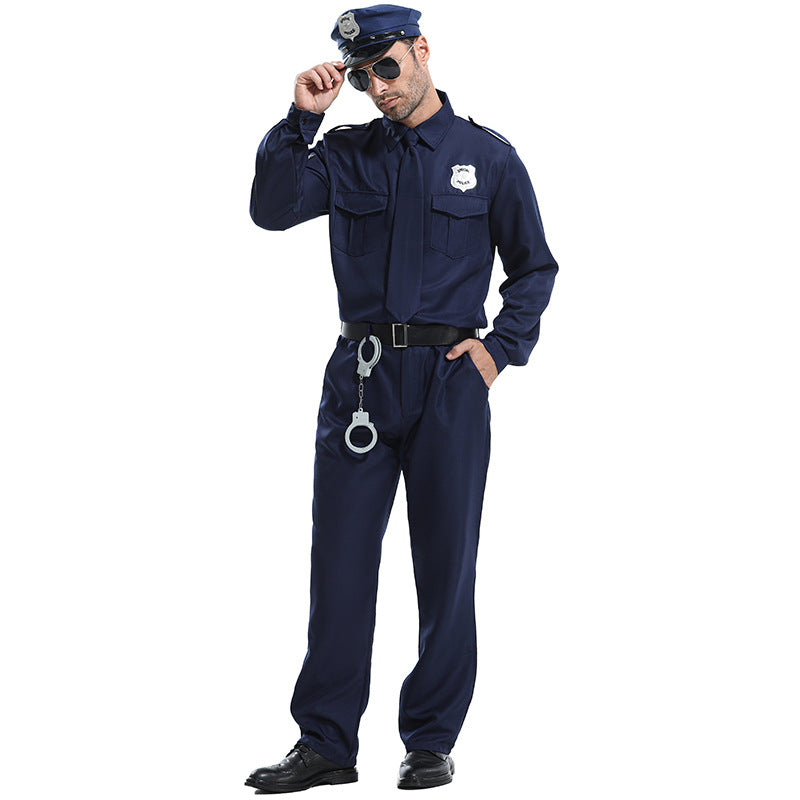 Halloween Party Costume Men's Police Hero Role Play Security Officer Uniform Set Detective Long Sleeve Shirt