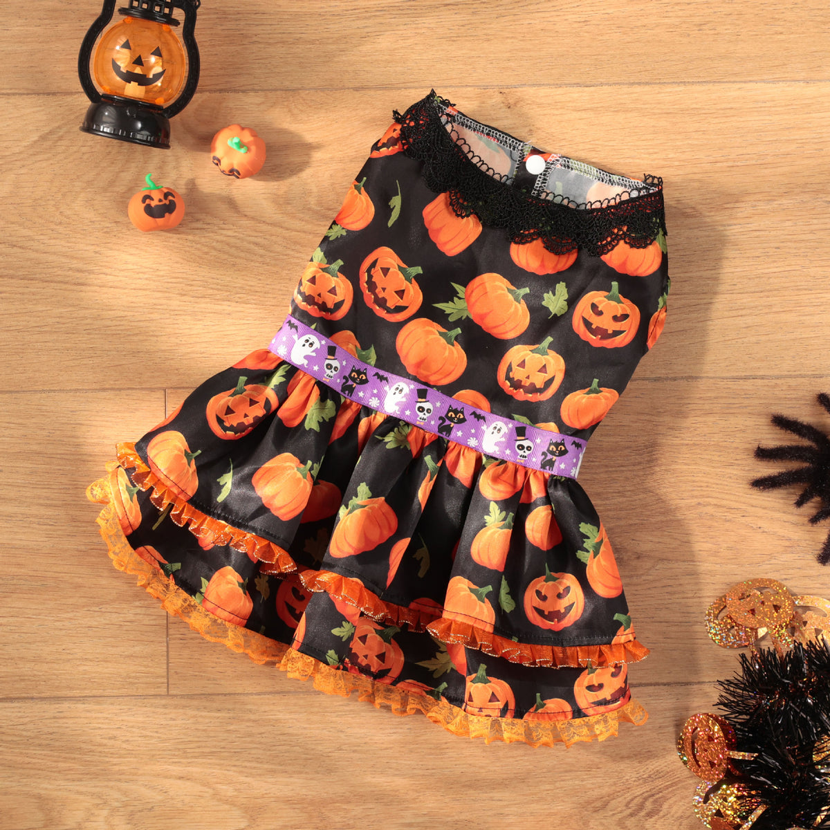 Halloween Pet Dog Dress for Medium and Small Dogs, Pumpkin Lace Skirt