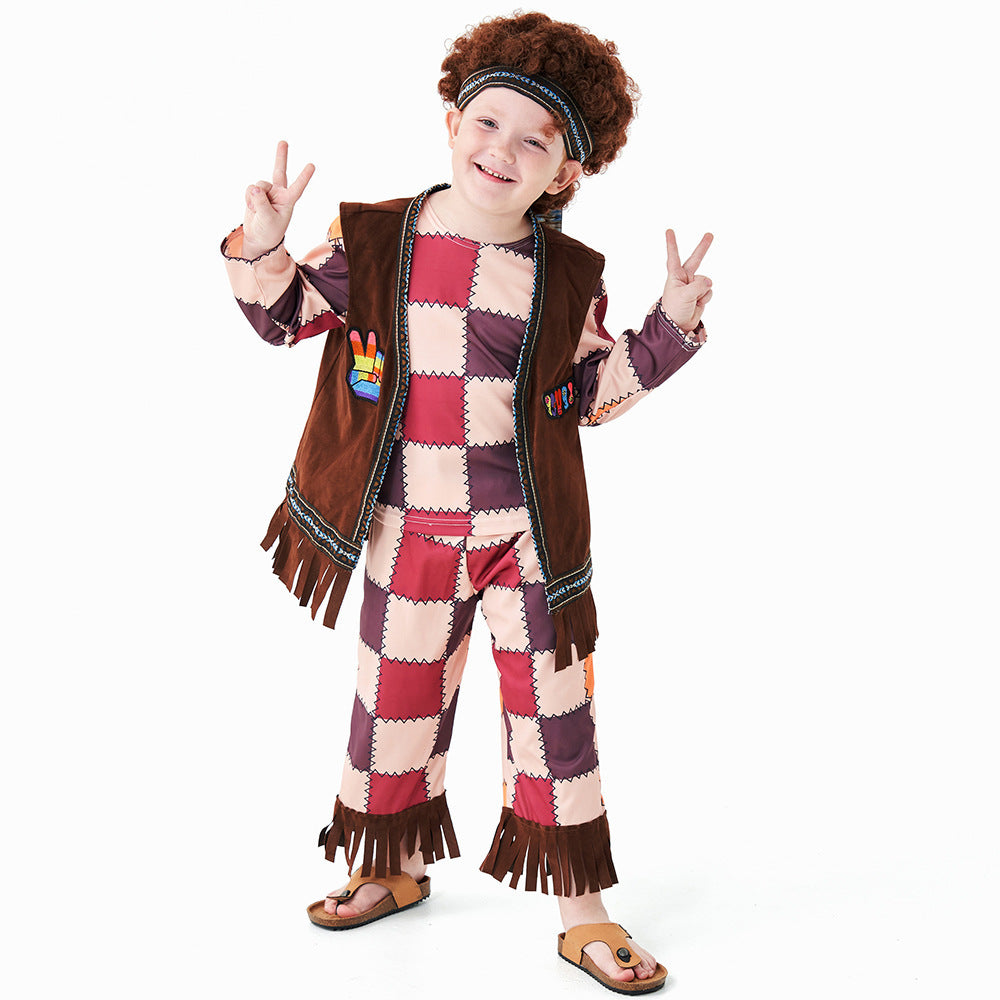 Halloween Kids Costume Vintage Plaid 70s Hippie Hip Hop Model Catwalk Performance Outfit
