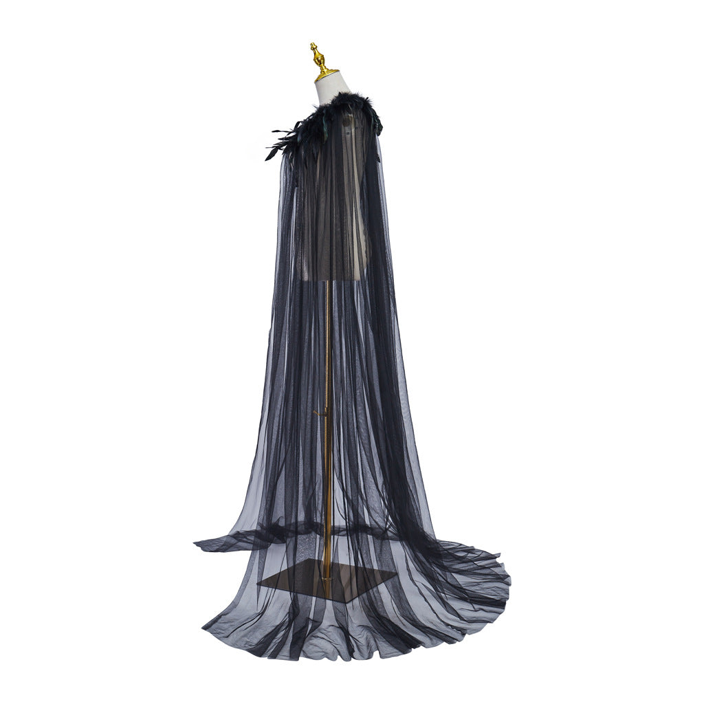 Halloween Feather Cloak Black Hair Collar Mesh Cloak Medium Long Skirt Stage Costume Performance Cloak