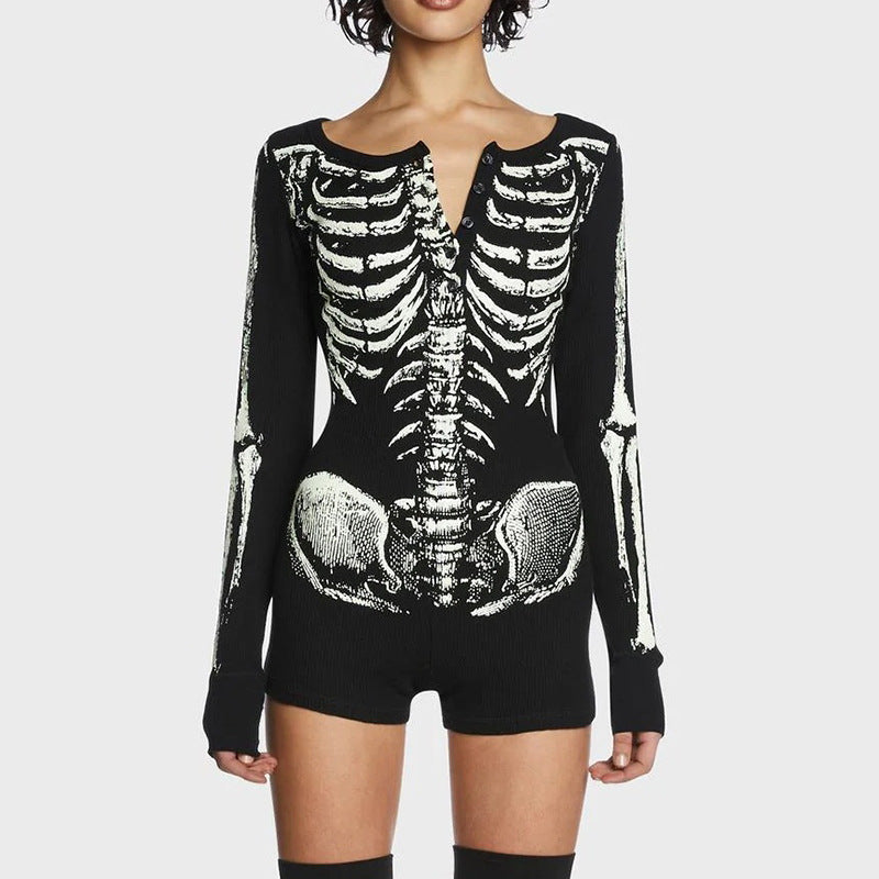 Fitted Skull Skeleton Print Bodysuit for Women, Halloween Cosplay  Style