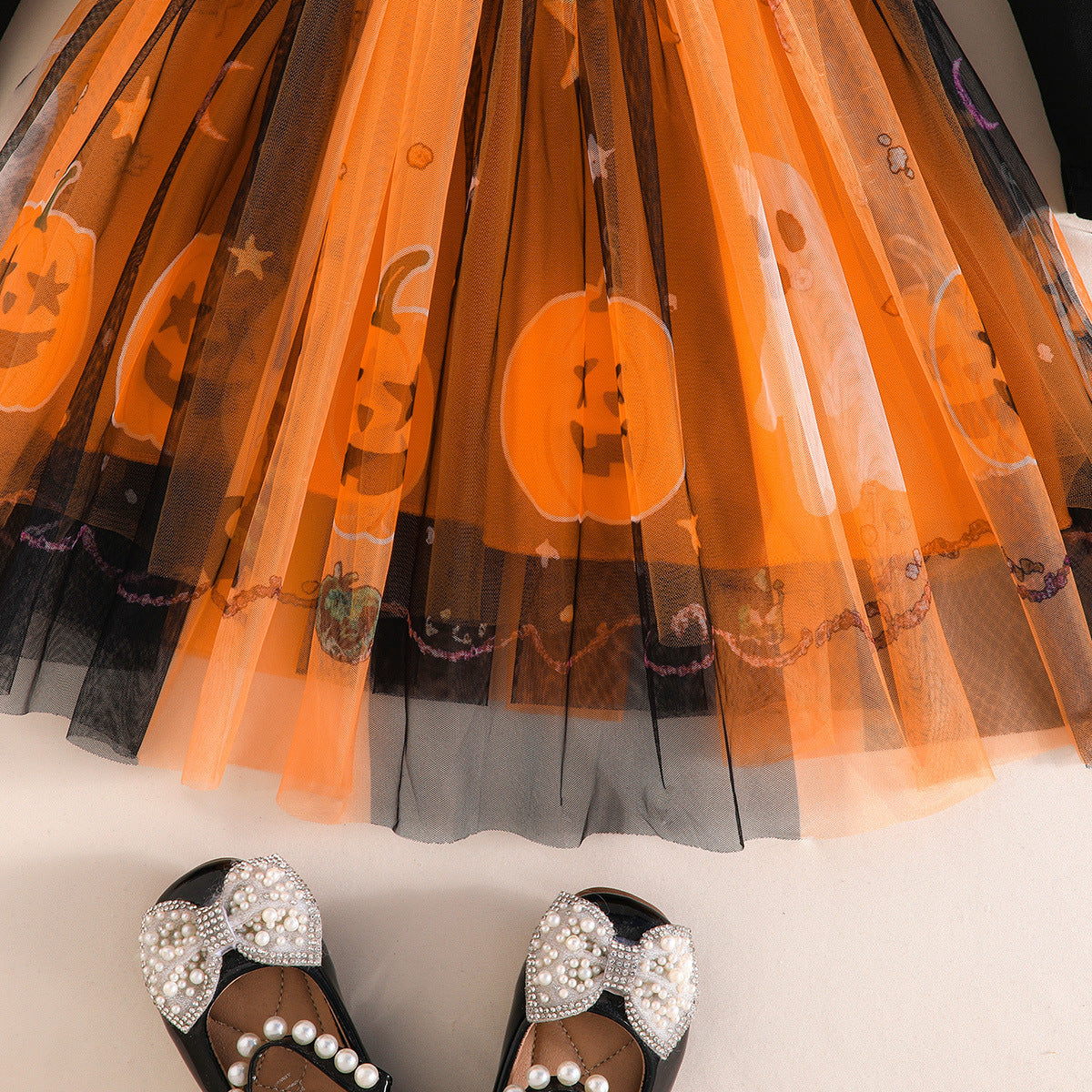 New Halloween Girls' Long Sleeve Dress with Bat, Pumpkin, Ghost Print Tulle Skirt
