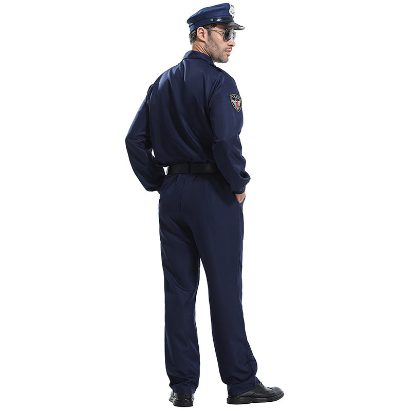 Halloween Party Costume Men's Police Hero Role Play Security Officer Uniform Set Detective Long Sleeve Shirt