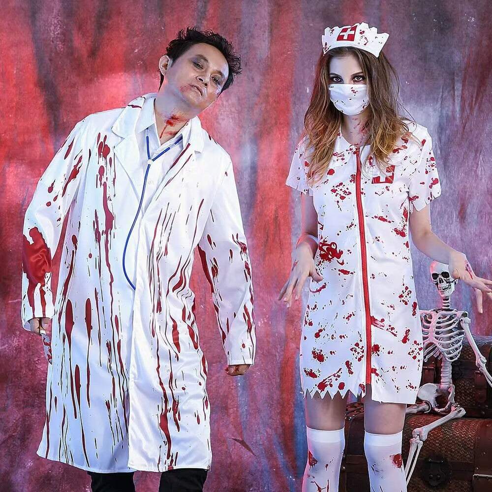 Halloween Horror Bloody Nurse Costume Zombie Adult Women's Doctor Outfit Couple