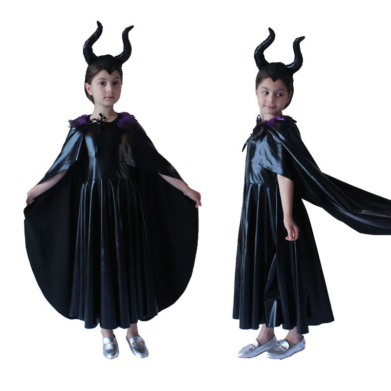 Halloween Kids Girls Black Magic Cape Movie Character Maleficent Costume Parent-Child Matching Performance Outfit