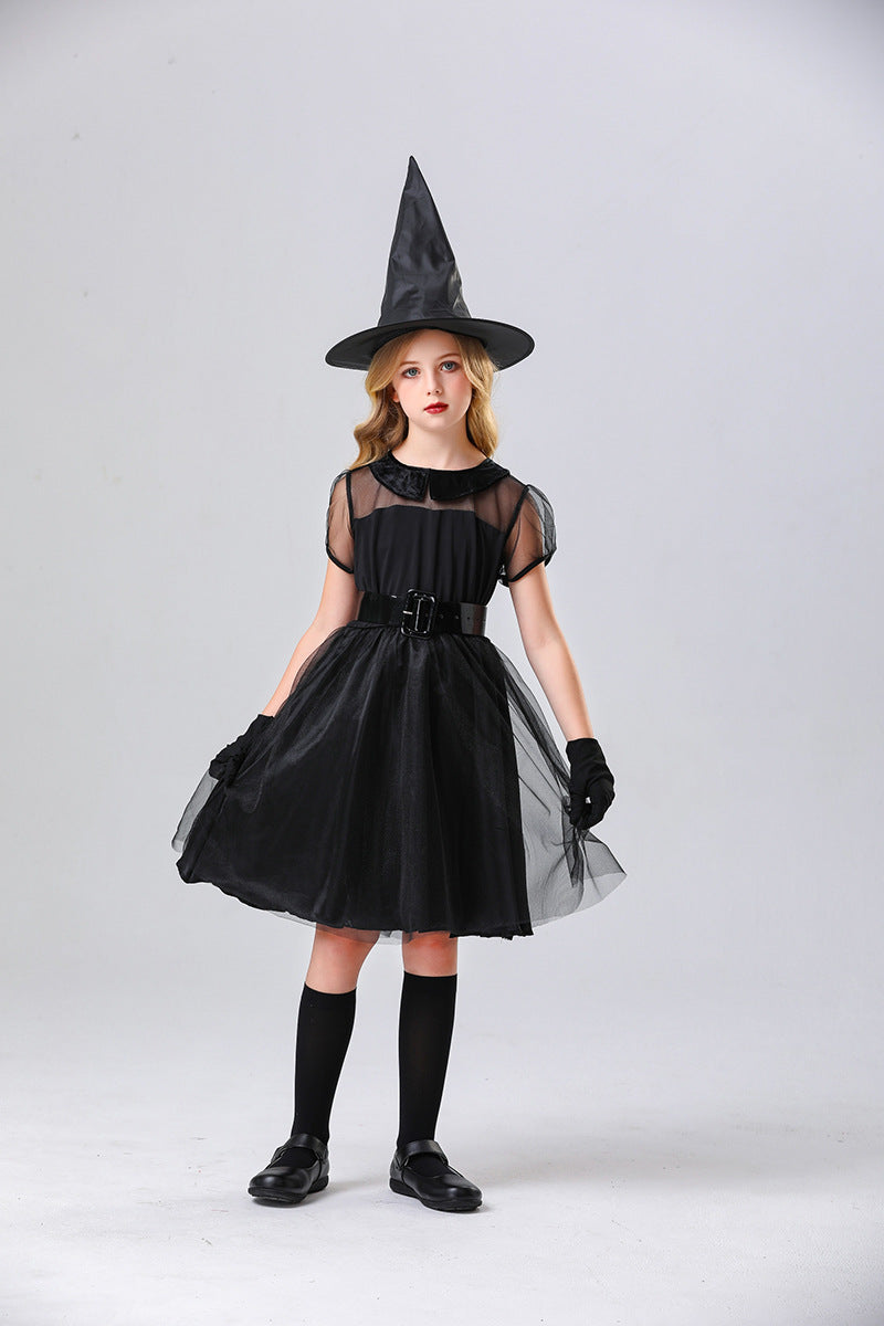 Witch Costume for Kids Halloween Black Tulle Witch Dress Elegant Witch Night Ghost Costume