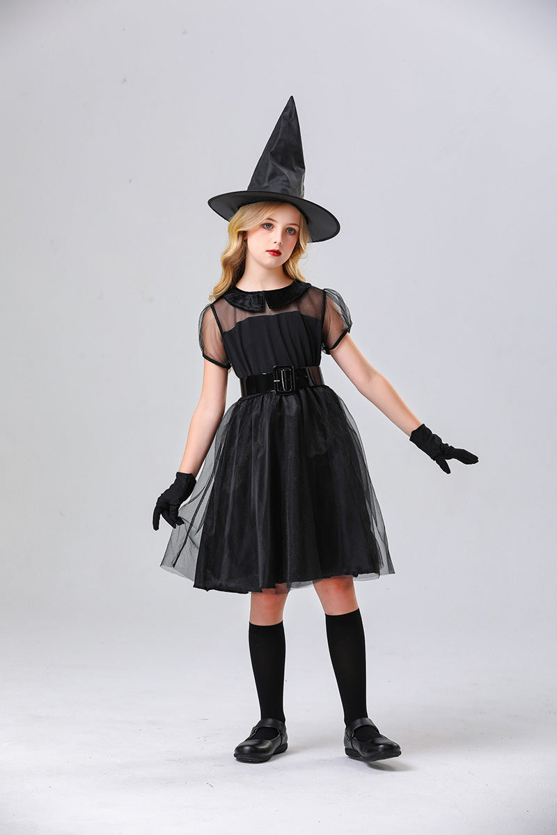 Witch Costume for Kids Halloween Black Tulle Witch Dress Elegant Witch Night Ghost Costume