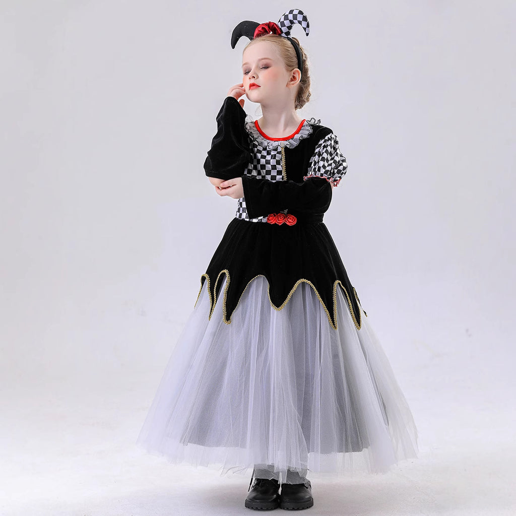 Children's Halloween Costume, Girl's Clown Plaid Dress for Carnival Party and Performance