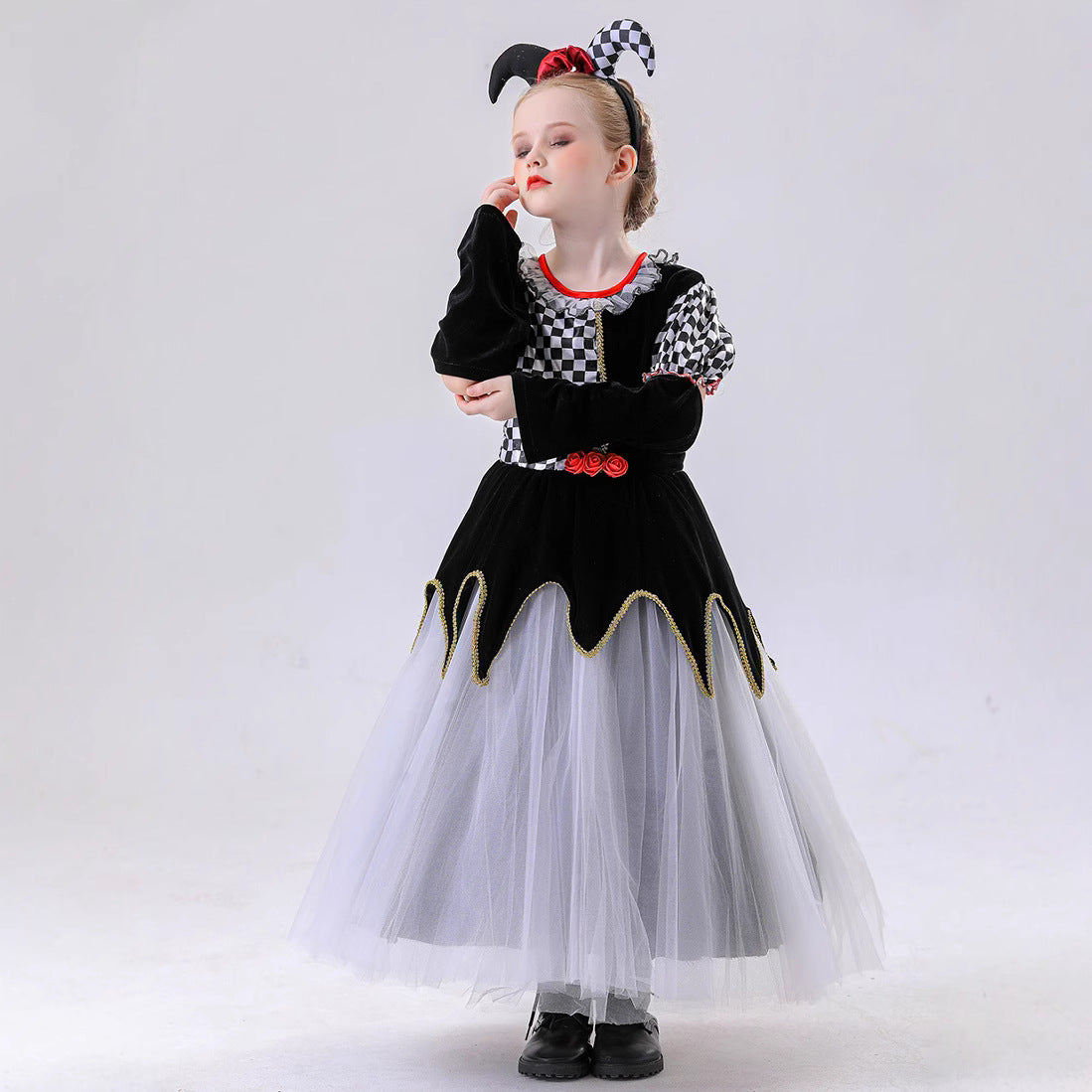 Children's Halloween Costume, Girl's Clown Plaid Dress for Carnival Party and Performance