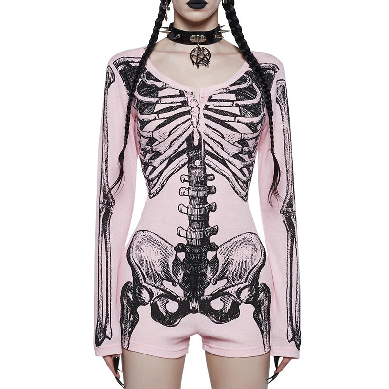 Fitted Skull Skeleton Print Bodysuit for Women, Halloween Cosplay  Style