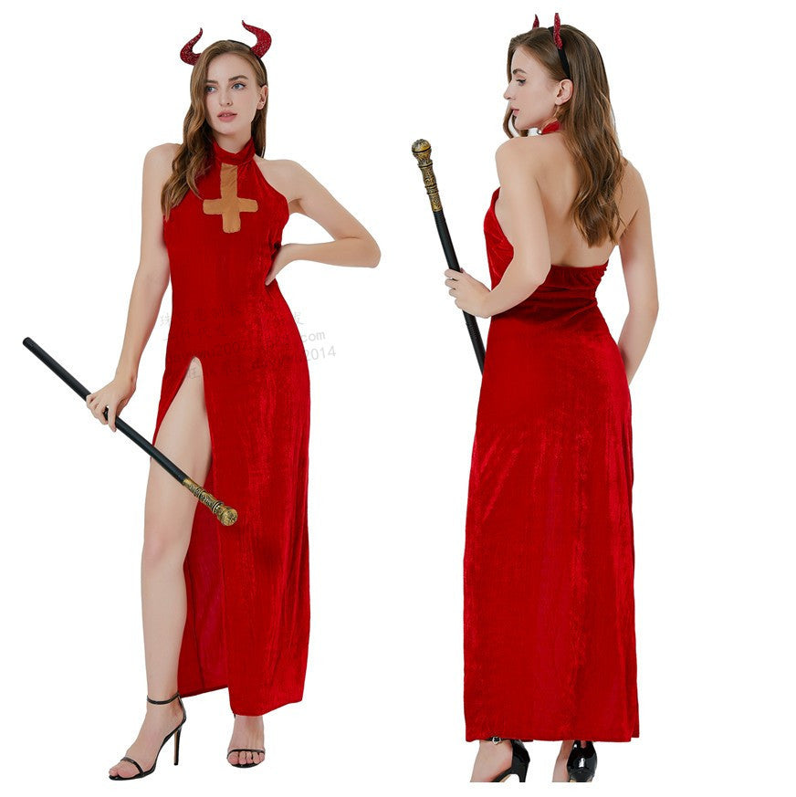 Halloween Sleeping Demon Costume Witch Spell Dark Red Queen Party Performance Outfit Set