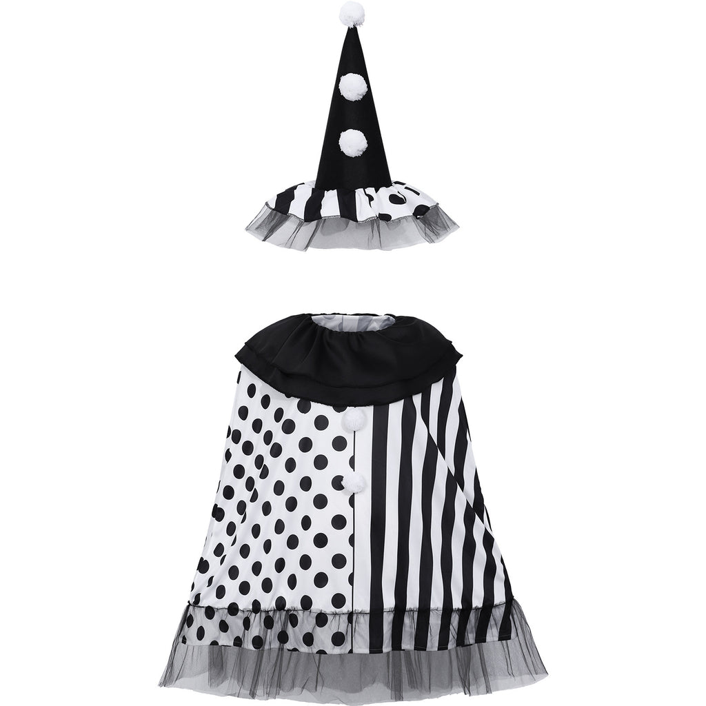Adult Halloween Harley Quinn Witch Cape Cosplay Robe – Black and White Stage Performance Cloak