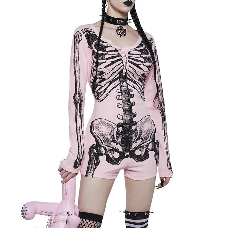 Fitted Skull Skeleton Print Bodysuit for Women, Halloween Cosplay  Style