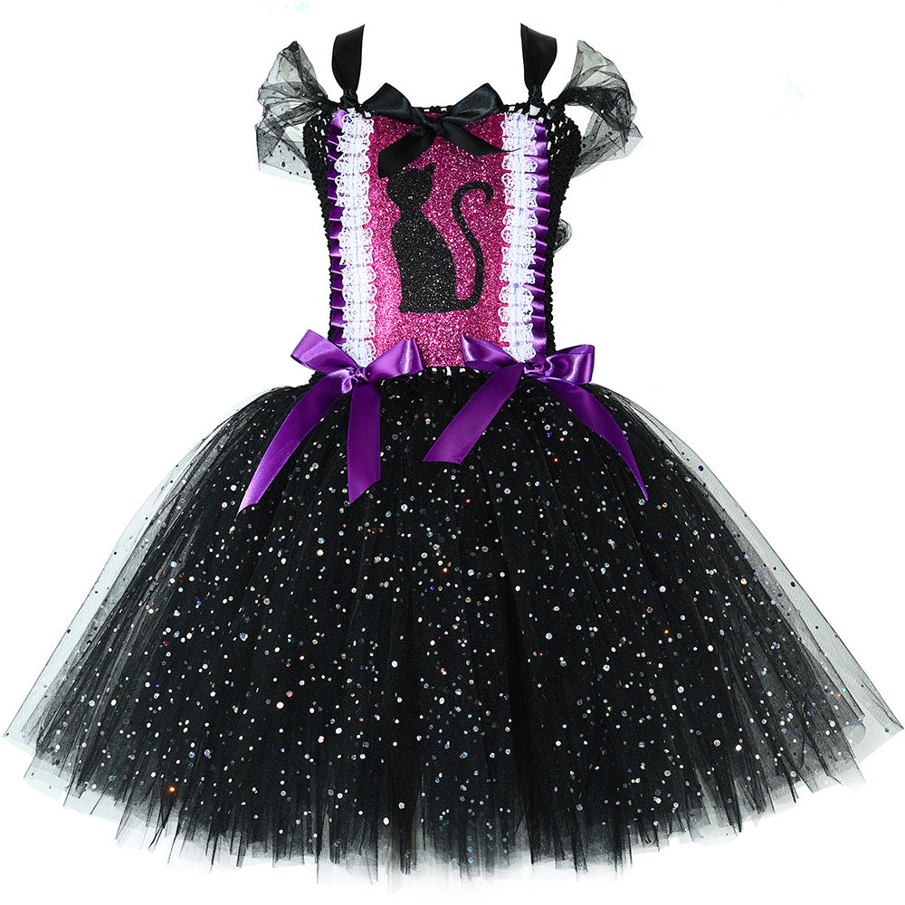 Halloween Costume Children's Cat Dress Sequin Black Cat Tutu Dress Girls Tulle Puffy Dress Kids Clothing