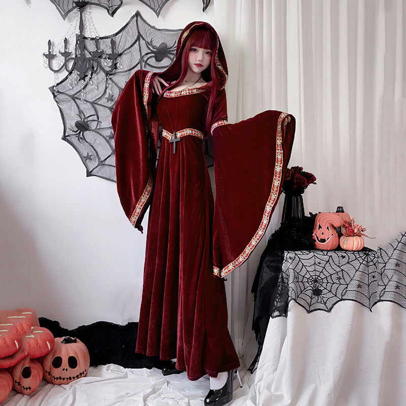 Adult Halloween Vampire Costume – Medieval Court Dress with Little Red Riding Hood Witch Style