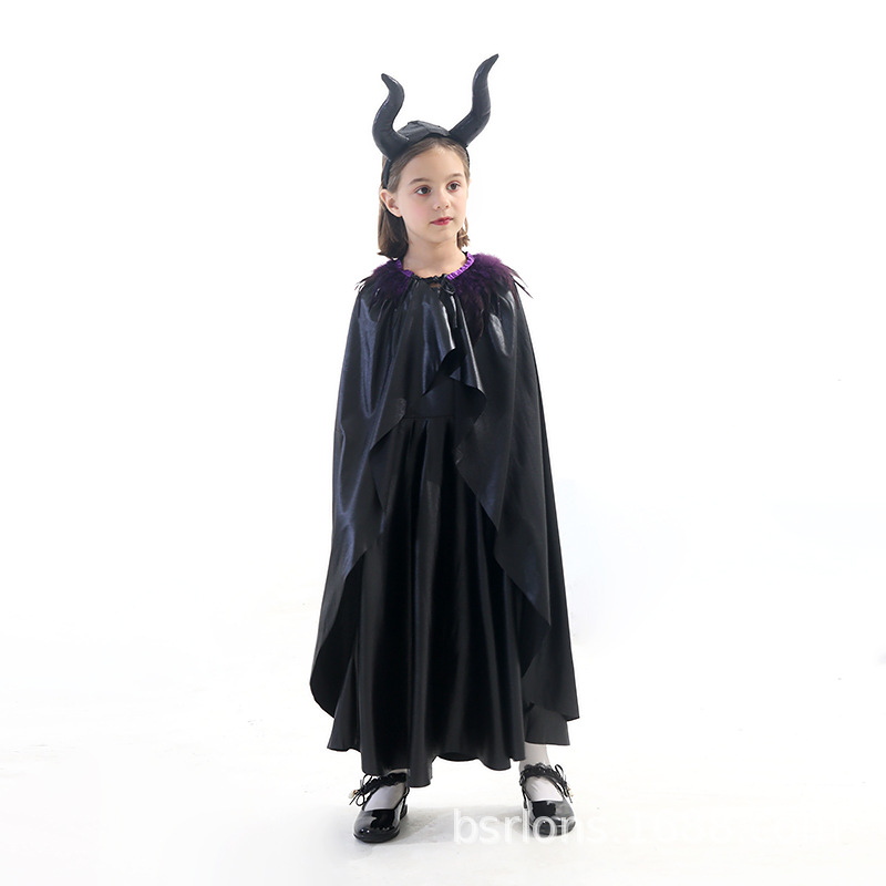 Halloween Kids Girls Black Magic Cape Movie Character Maleficent Costume Parent-Child Matching Performance Outfit