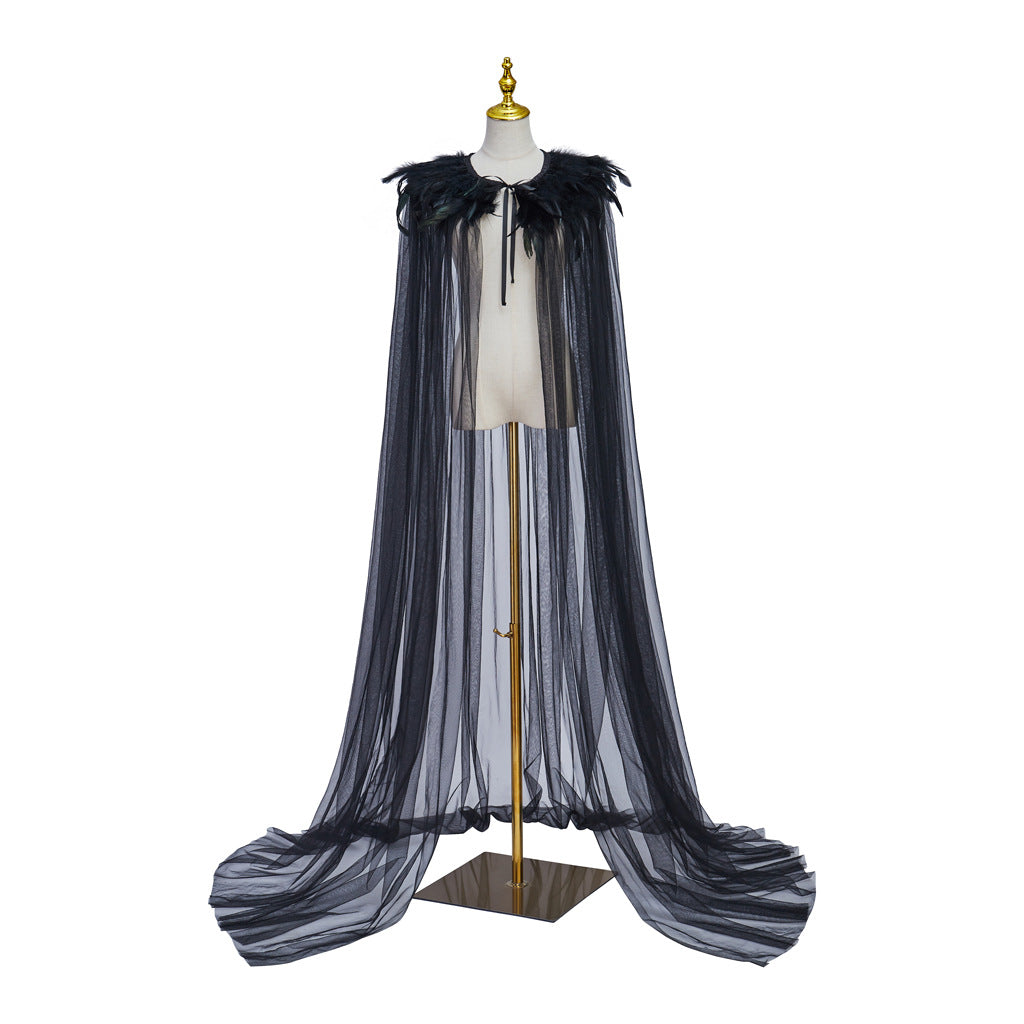 Halloween Feather Cloak Black Hair Collar Mesh Cloak Medium Long Skirt Stage Costume Performance Cloak