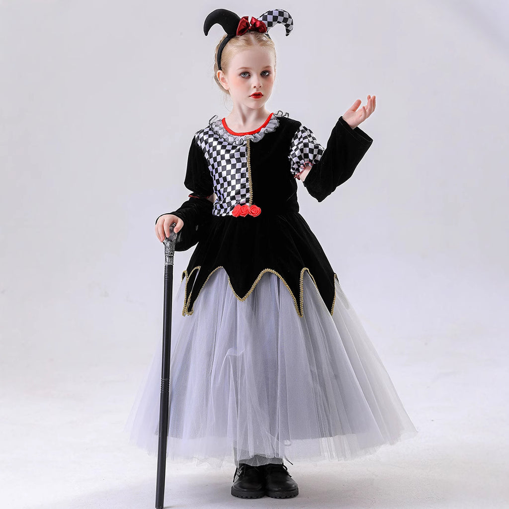 Children's Halloween Costume, Girl's Clown Plaid Dress for Carnival Party and Performance