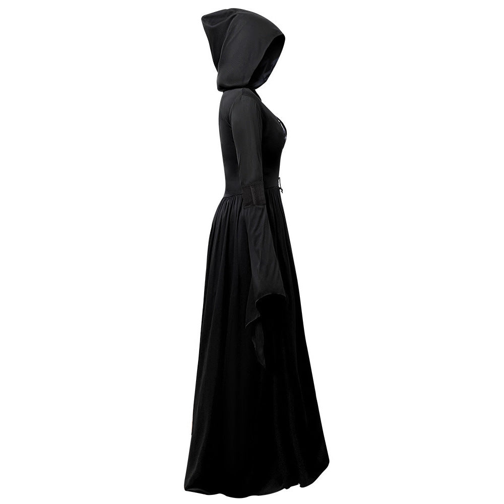 Hooded Skull Witch Costume Dress for Women, Halloween Cosplay Stage Performance Outfit
