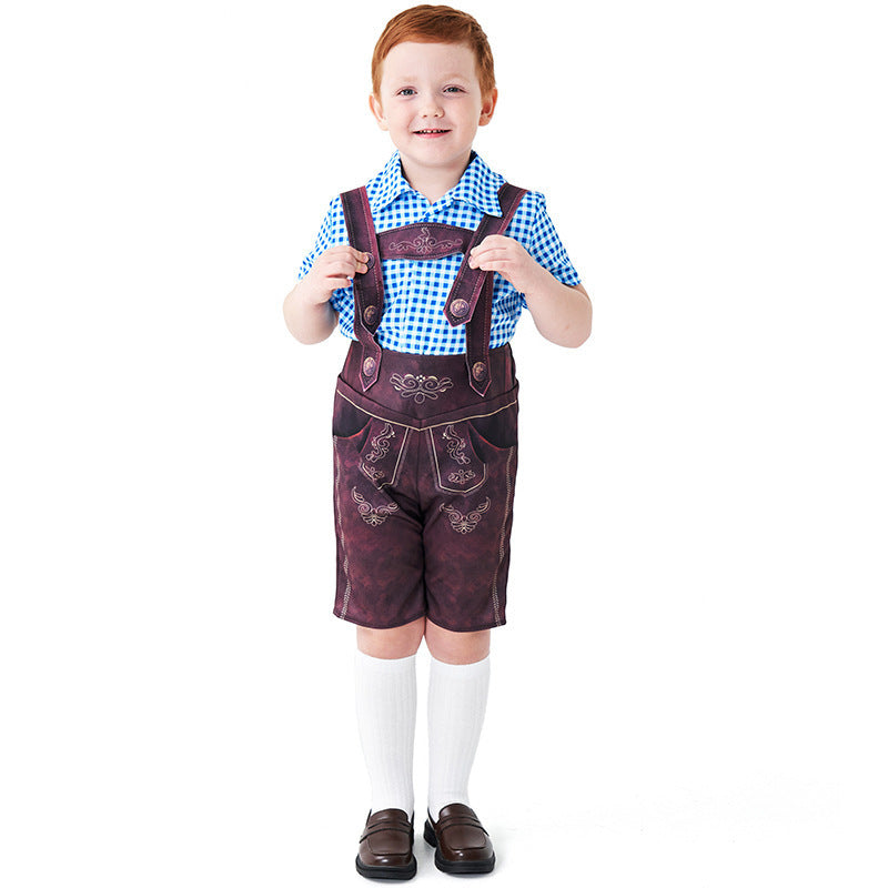 Halloween Costume for Boys, Three-Color Beer Outfit, Overalls with Plaid Shirt Set,Matching Socks