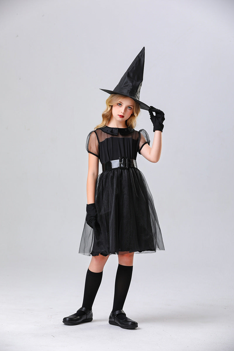 Witch Costume for Kids Halloween Black Tulle Witch Dress Elegant Witch Night Ghost Costume